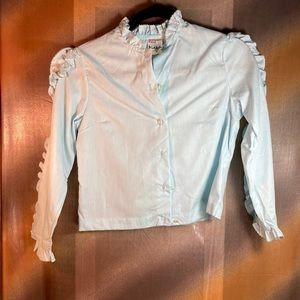𝅺1970’S light‎ blue cotton blouse with frills down sleeve 34” chest  120